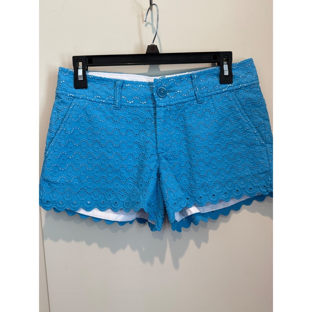Lilly Pulitzer Walsh Shorts Blue Eyelet Scalloped Hem Cotton Womens Size 0